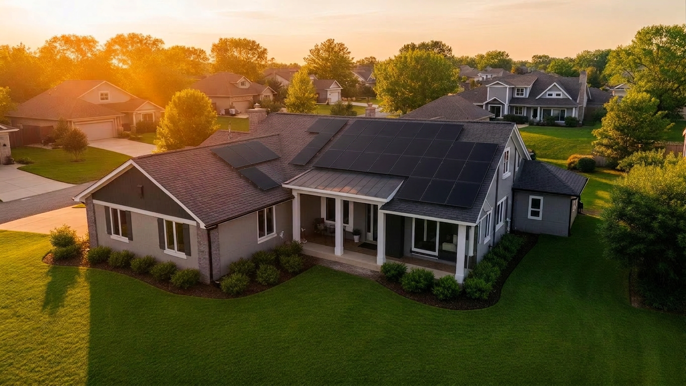 Suburban home with rooftop solar panels at golden hour